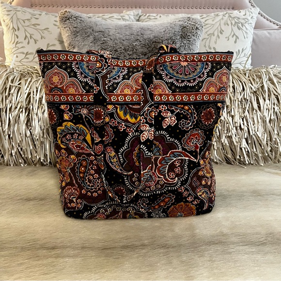 Vintage VERA BRADLEY Kensington 2006 Button M Tote Black Brown Cream Quilted USA - Picture 5 of 12